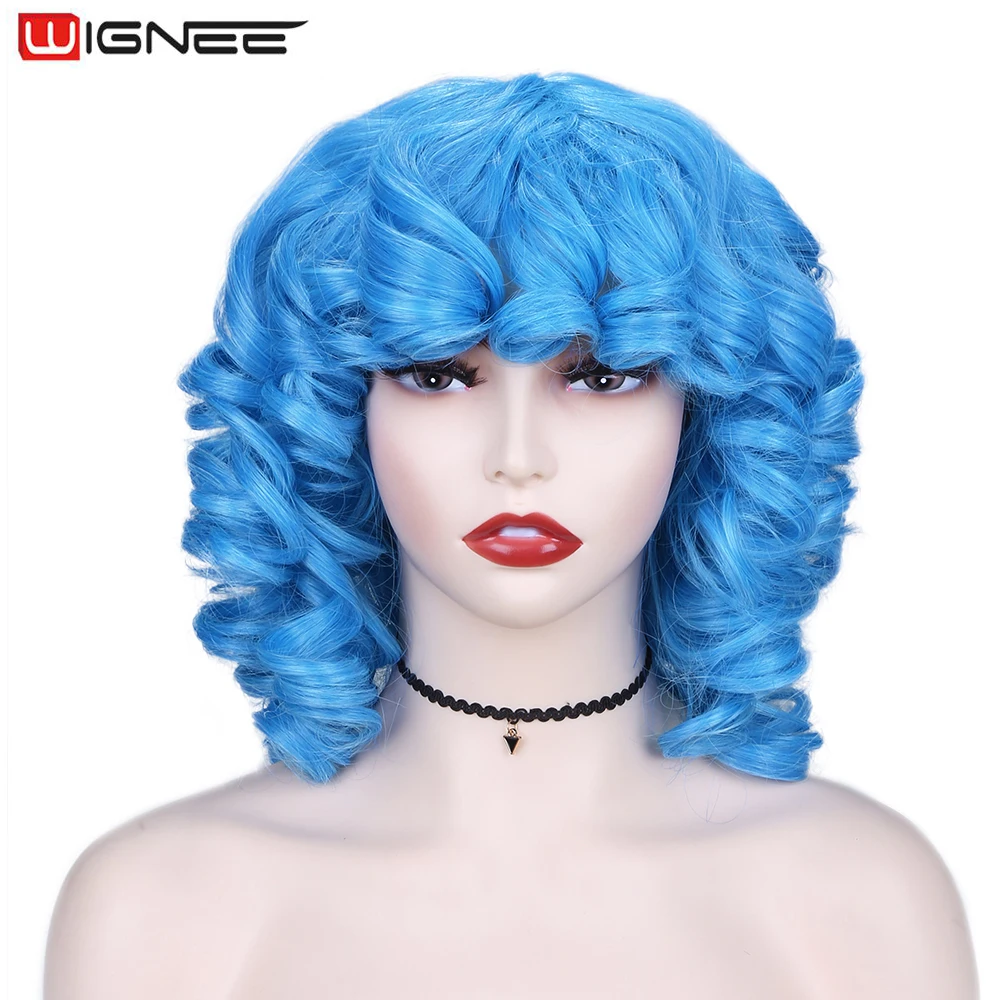 

Synthetic Curly Wig With Bangs Afro Wigs For Black Women Heat Resistance Blue Black Mixed Brown Color Short Wig Cosplay Wignee