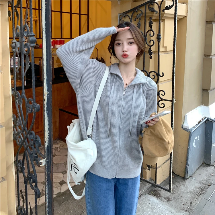 

2021 New Loose Zip Drawstring Stand Collar Cardigan Sweater Women's Retro Solid Color Knitwear Coat