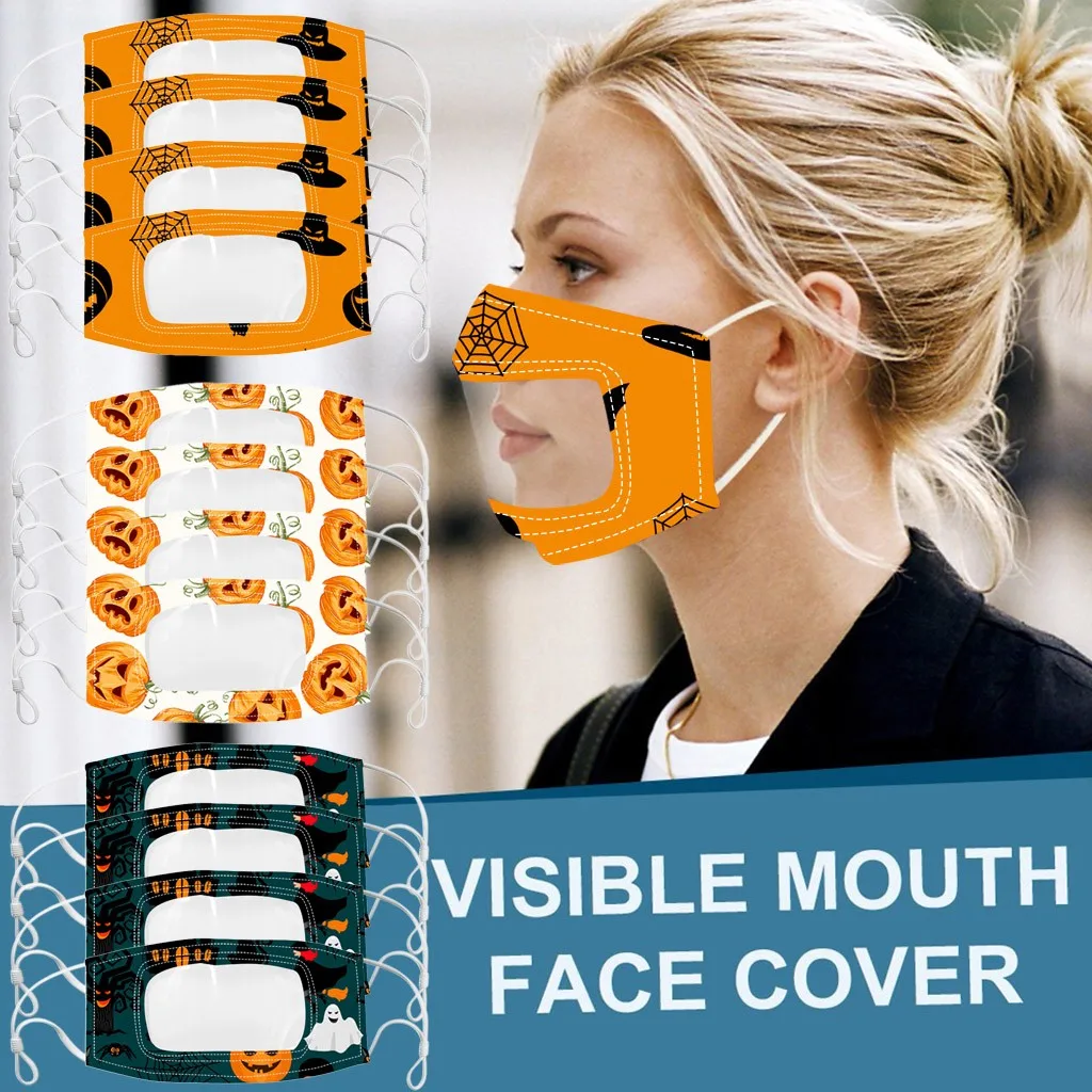 

Adults 4PC Transparent visible mouth face cover protection Face Mask Halloween Prints Unisex Outdoor Riding Mouth Masks 2020 New