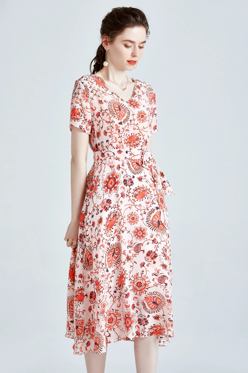 

100% Silk Women's Runway Dresses V Neck Short Sleeves Sash Belt Printed High Street Summer Mid Dresses