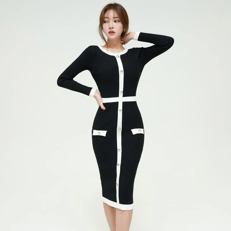 

Women Elegant Autumn Classy Office Casual Midi Dress Female Knitted Sweater Slim Bodycon Winter Vestdios
