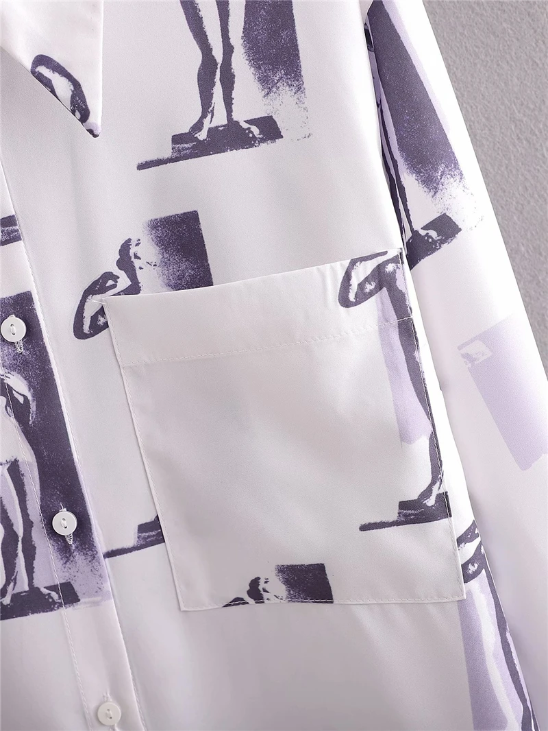 

Streetwear Women Turn Down Collar Shirts 2020 Fashion Ladies Pocket Sculpture Print Tops Causal Female Chic Button Loose Blouse