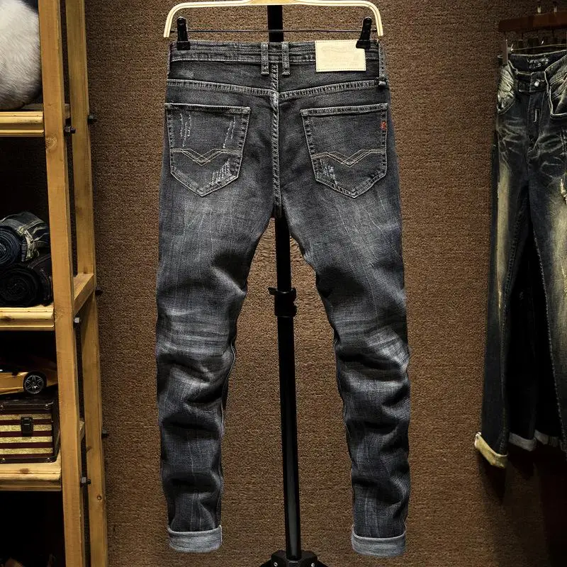 

Men's Elastic Embroidery Jeans Men Ripped Trousers Biker Denim Pants