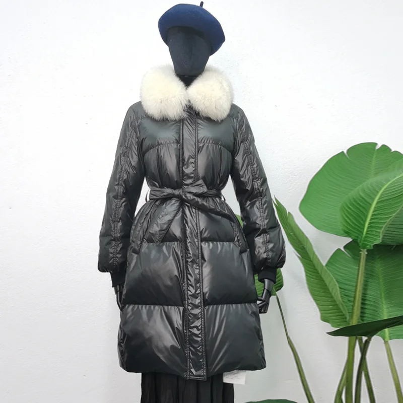 Janveny зимняя женская пуховая куртка с большим воротником из натурального Лисьего