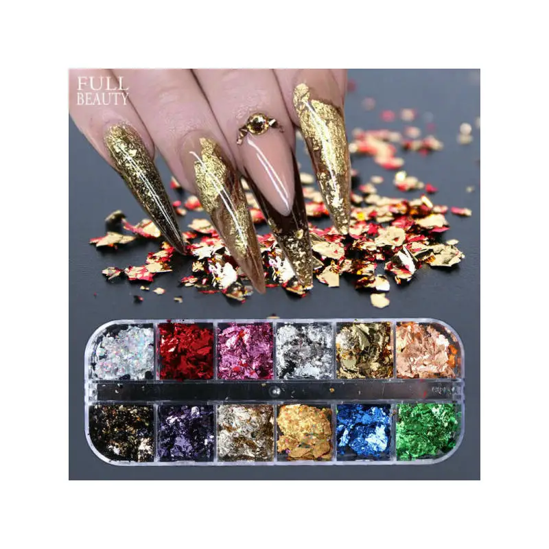 Фольга для ногтевого дизайна листья золотые и серебряные хлопья крупные Блестки