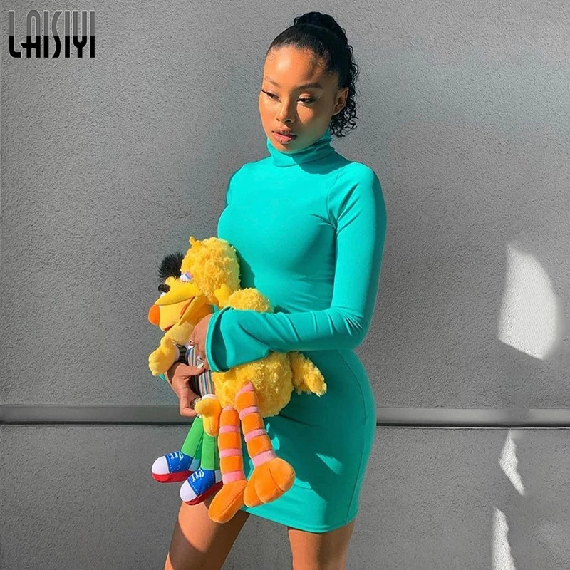 

LAISIYI Women Solid Basic Dress 2019 Autumn New Long Sleeve Dress Slim Sheath Min Dress Casual High Neck Winter Dress ASDR22585