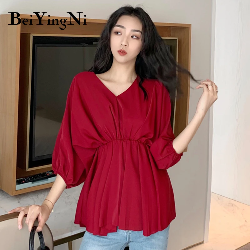 

Beiyingni Korean V-neck Loose Vintage Red Chiffon Blouses Women High Street Harajuku Blouse Womans Elegant Office Work Shirts OL