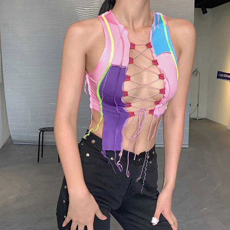 

yhotmeng slim vest women's hot new 2020 Summer new women's contrast color straps sexy hollow short slim vest women pink purple