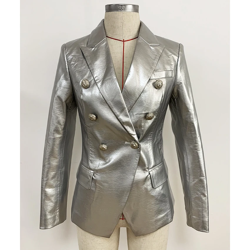 

Newest Street 2021 Elegant Women Fashion Runway Design Silver Lion Buttons Leather za silver Blazer Jacket