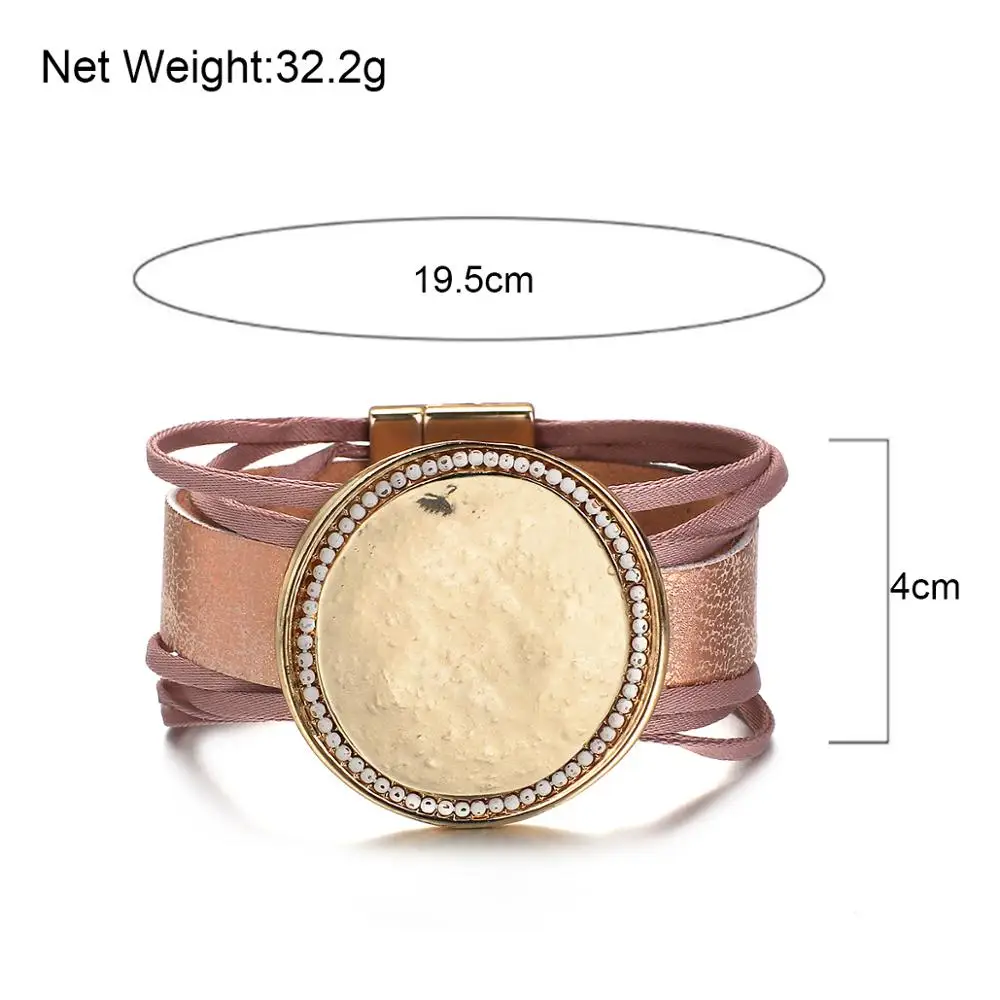

Amorcome Pink Leather Bracelet For Women 2020 Fashion Ladies Bohemian Round Metal Charm Wrap Bracelet Female Jewelry