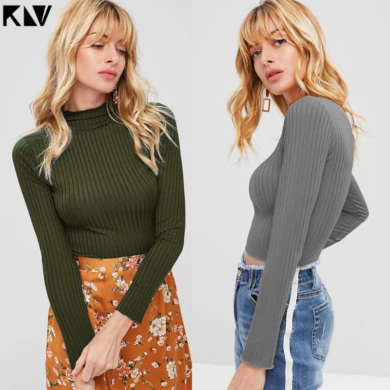 2019 Women Long Sleeve Turtleneck Sweater Ribbed Knit Vertical Stripes Sexy Slim Fitted Top Solid Casual Basic Streetwear | Женская
