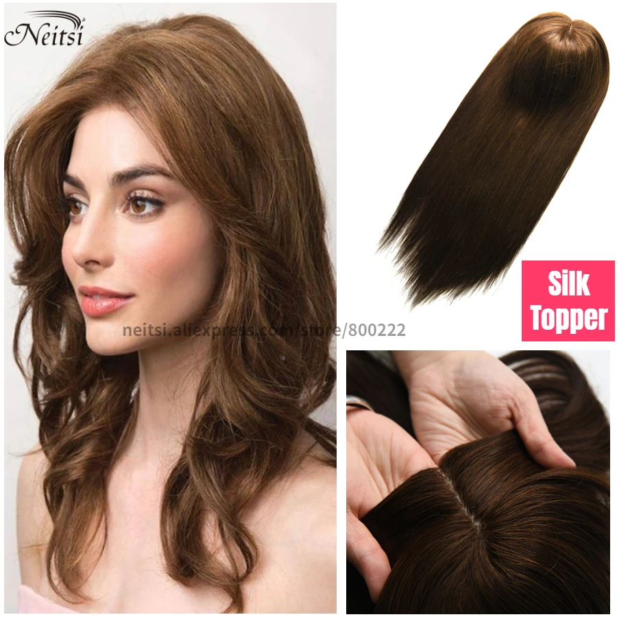 Neitsi 16-20 Inch Striaht Silk Top Base Hair Toppers With Clip In Human Hair Topper Wig For Women 150% Density Remy Hairpiece