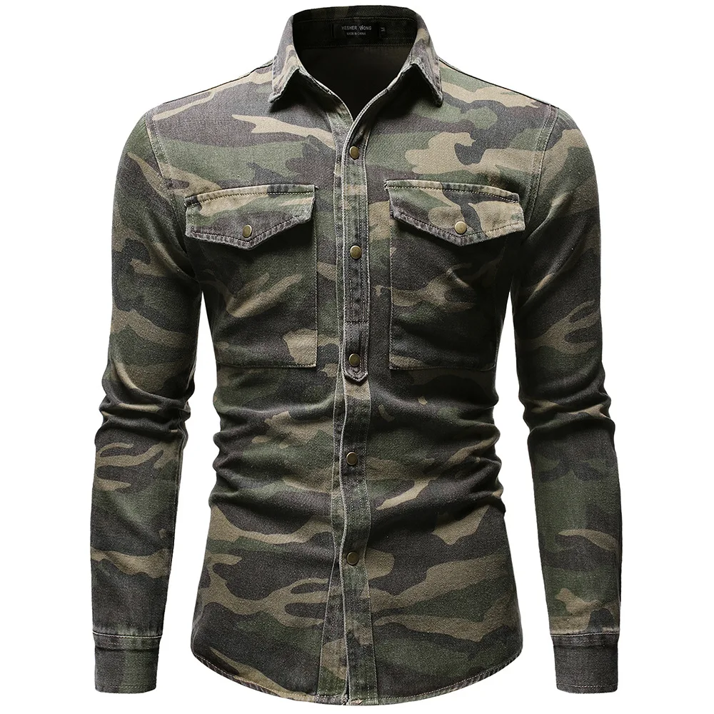

2020 spring men's long sleeve camouflage shirt men's fashion slim fit big pocket outdoor mountaineering tooling denim shirt