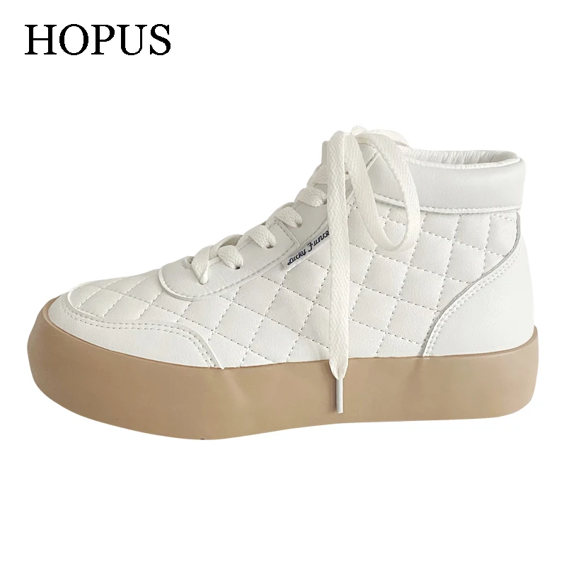 

Women's Shoes 2021 Autumn White PU Leather Sneakers New Fashion Platform Sport Shoes Plaid Lace-up Casual Comfy Ankle Boots