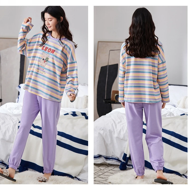 

Pajamas women spring and autumn knitted cotton long-sleeved light purple Korean style summer thin style outing home service two