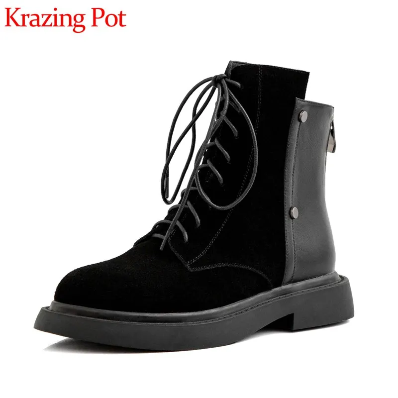 spesifikasi Krazing Pot Desain Baru Kulit Sapi Patchwork Sepatu Rock Paku Keling Med Sepatu Hak Round Toe Renda Kampus Musim Dingin Hangat Pergelangan Kaki Sepatu L26