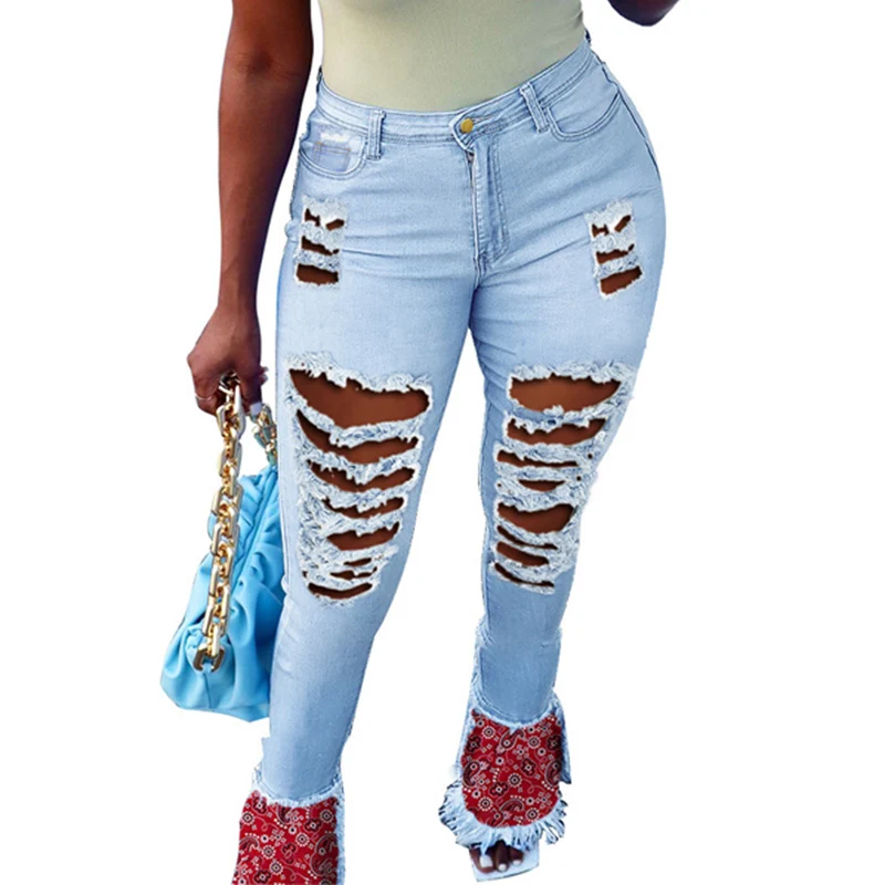 

2021 New Ripped Women High Waist Jeans Fashionable Cute Floral Stitching Stretch Denim Pants Casual Street Denim Flared Trousers
