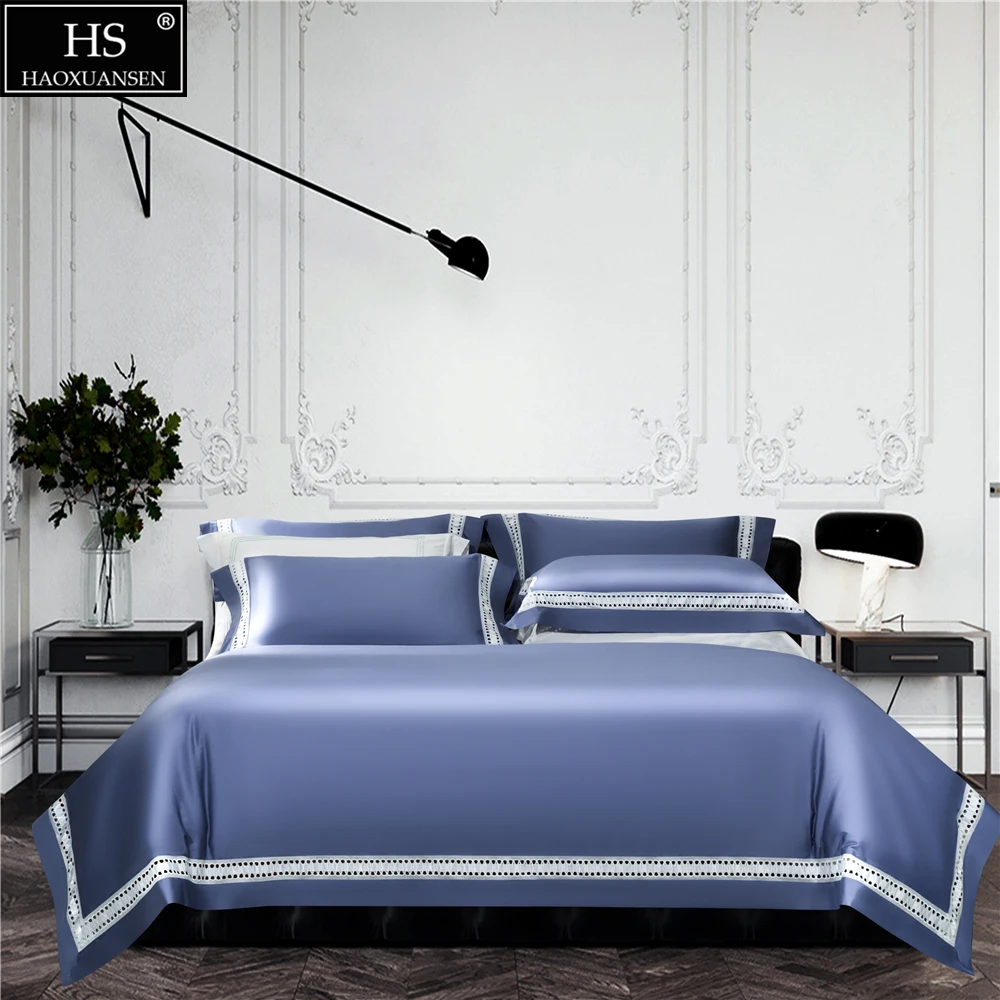 

Sky Blue Fabric Water soluble lace Design Pure Cotton Fabric 4 Pieces Bedding Sets Nordic Style Duvet Cover Pillowcase Bed Sheet