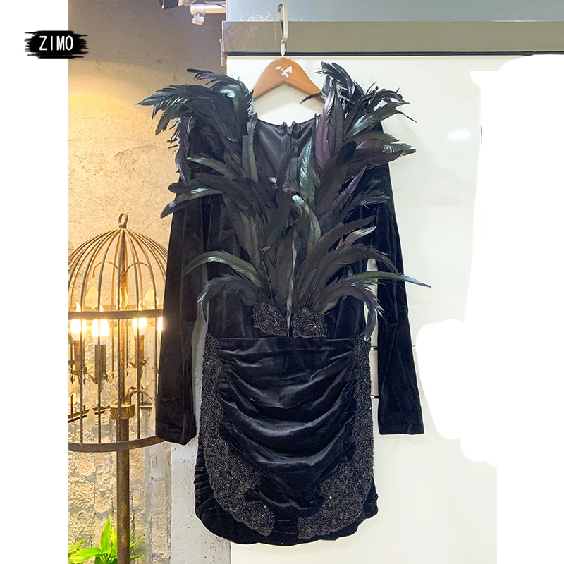 

autumn new style Black feather Long Sleeve Short Dresses Prom V Neck Velvet Mini Cocktail Dress Gowns Party birthday celebrity