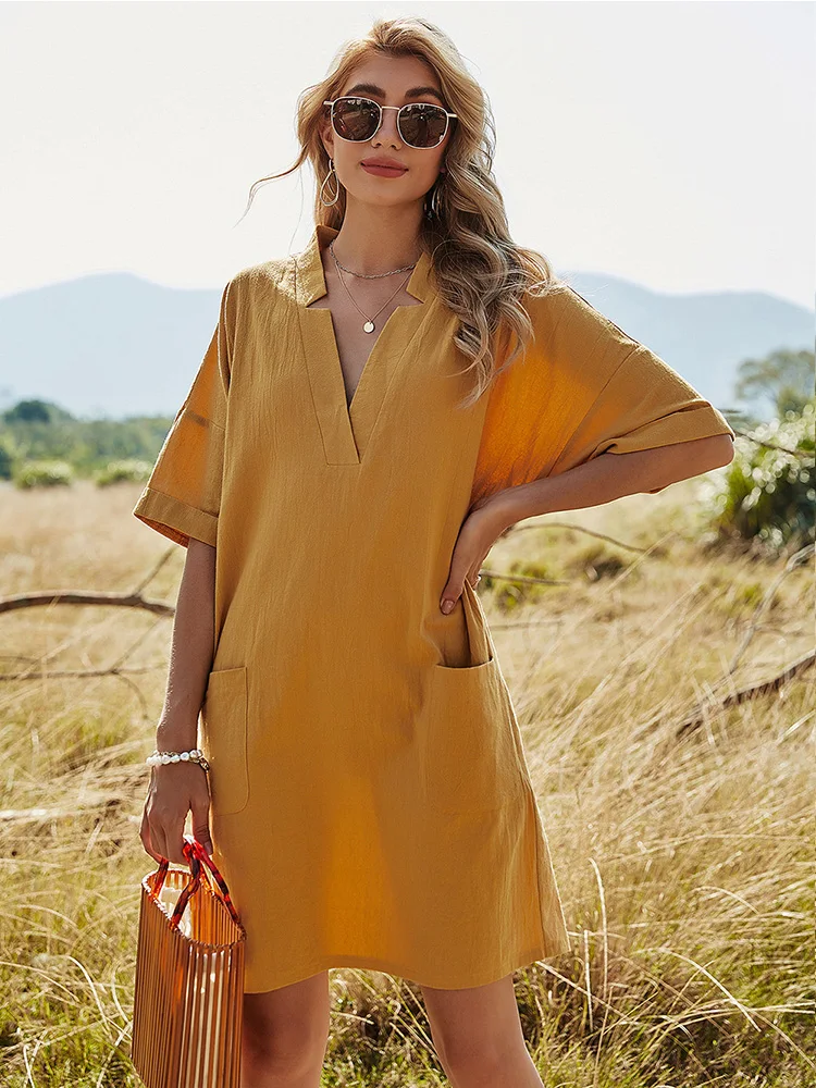 

Summer Women's Knee Length Casuak Cotton Mini Dress V-neck Half Sleeves Front Pocket Relaxed Fit