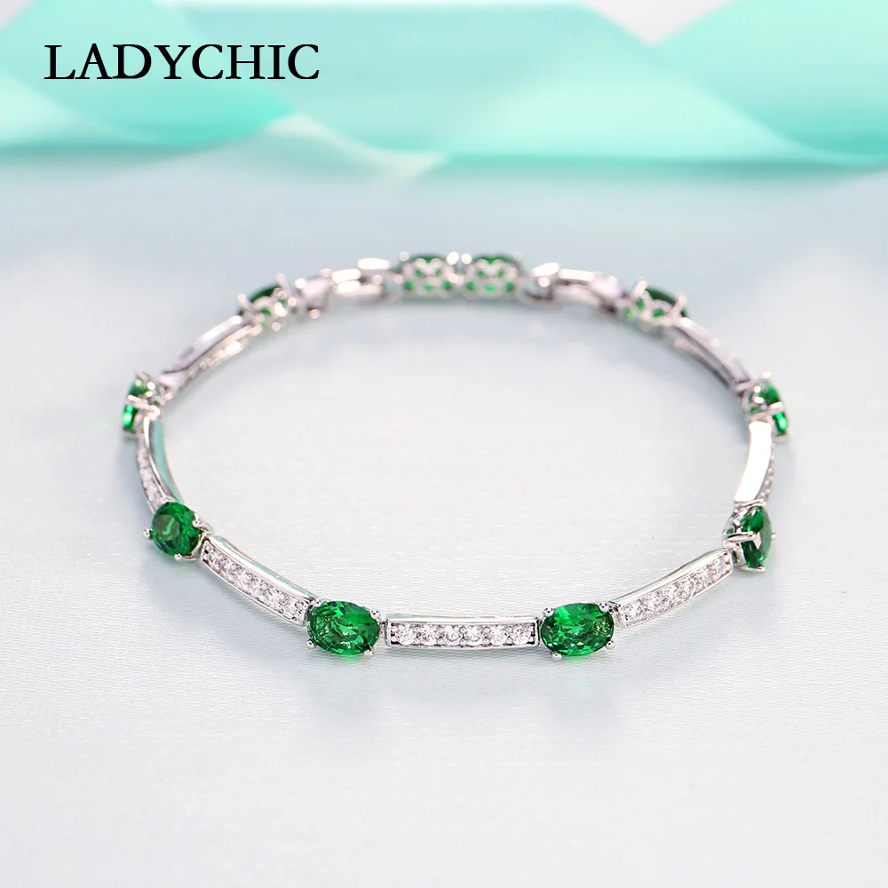 LADYCHIC роскошный голубой зеленый овальный циркон серебряный цвет браслеты очаровательный кристалл невесты свадебные украшения для женщин Модный браслет LB1001