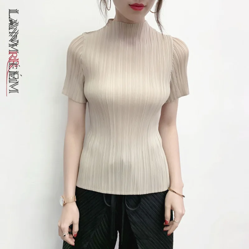 LANMREM черная плиссированная футболка с коротким рукавом и воротником стойкой для