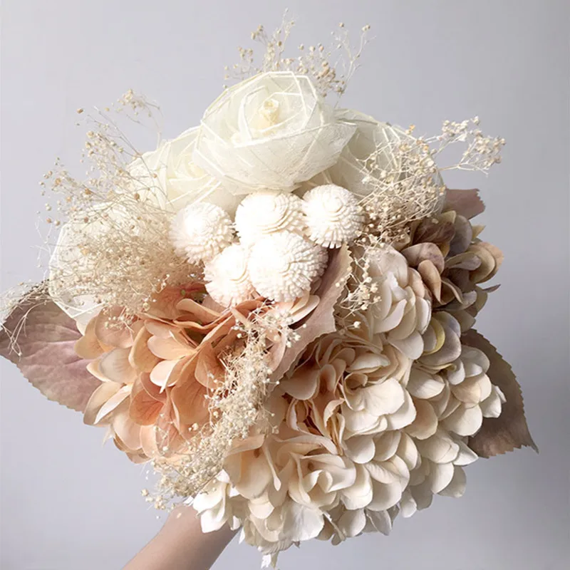 

Dried Flower Series Bouquet Wedding Decorative Bride Holding Flower Champagne Hydrangea Hnadmade Milk White Rose
