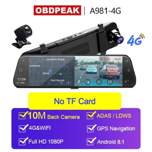 A981- No TF Card Android 8,1 Автомобильный видеорегистратор Камера 4G ADAS 10 дюймов поток медиа зеркало заднего вида 1080P WiFi gps видеорегистратор регистратор видео dvr рекордер - Название цвета: A981- No TF Card