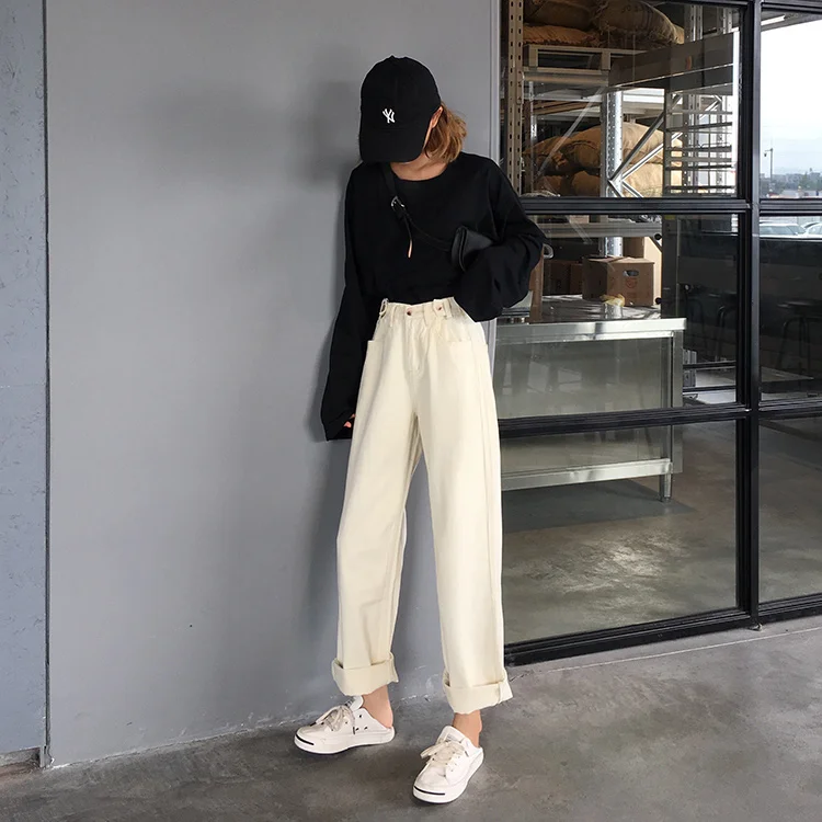 Mooirue Джинсы бойфренда для женщин однотонные прямые Harajuku уличная Высокая талия повседневные винтажные корейский стиль женские джинсовые брюки