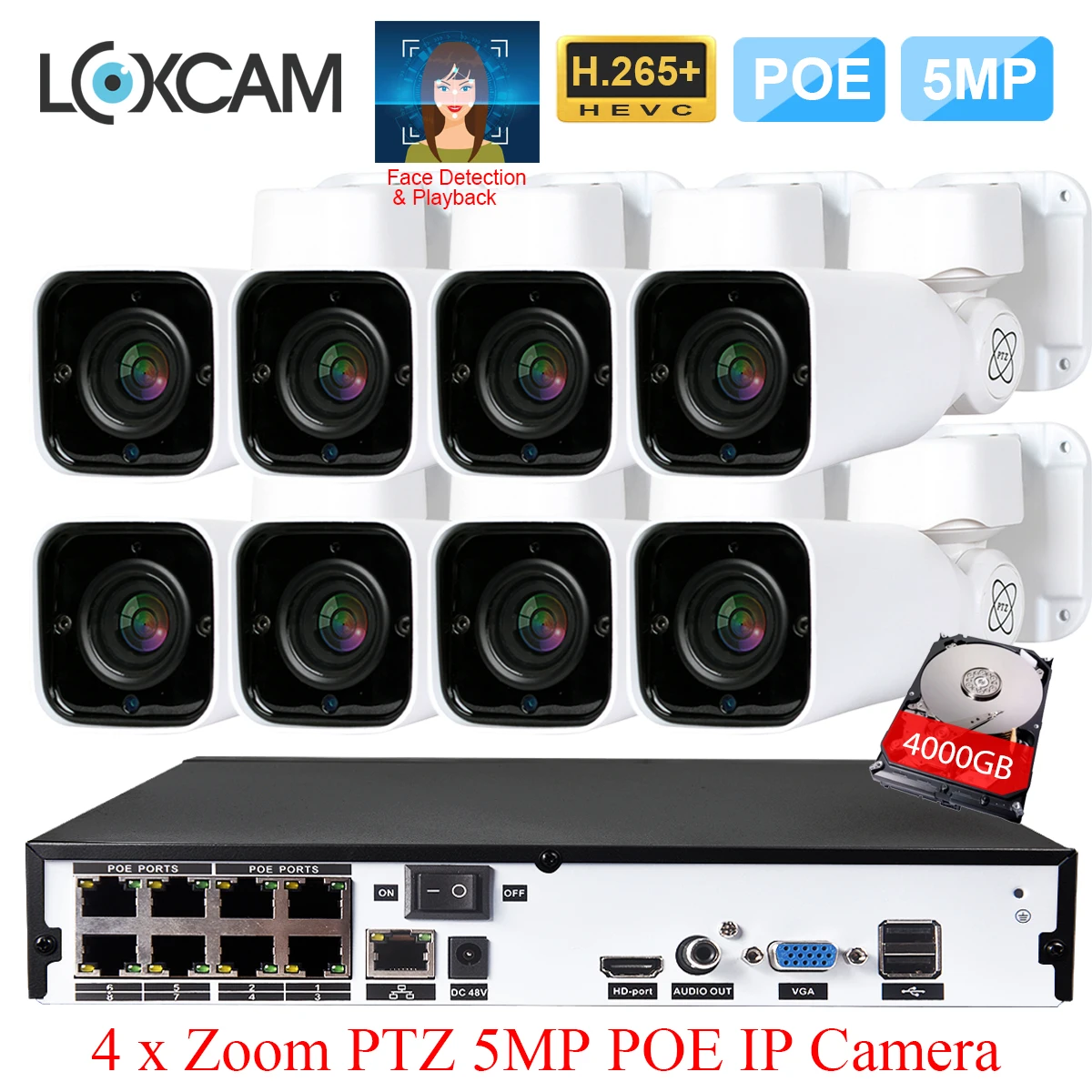 LOXCAM H.265 + 8CH 5MP NVR комплект камер видеонаблюдения Система PTZ с автоматическим зумом