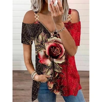 2021 summer women fashion clothes lady off shoulder loose tops female v neck zipper printing metal buckle t shirt