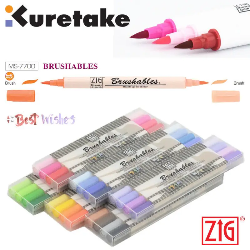 ZIG Kuretake Waterproof Brushables 4 x Brush Marker Pen Set Twin Tips Red/Brow/Blue/Green/Purple/Yellow Set MS-7700