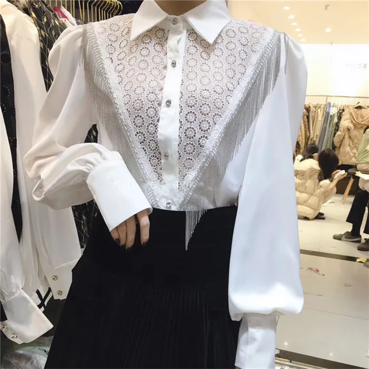 WHITNEY WANG Blouses 2020 Spring Fashion Hollow Out Lace Patchwork Beading Tassel Blouse Women Blusas Office Lady Shirt Top | Женская