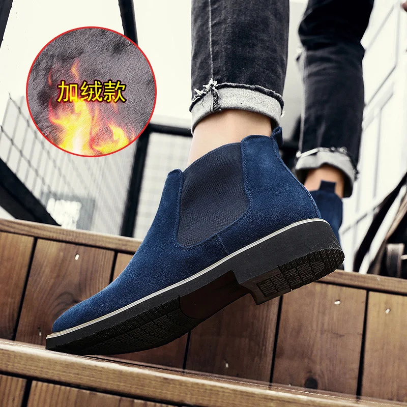 2019 мужские замшевые ботинки черного цвета Ботинки Челси без шнуровки Туфли под