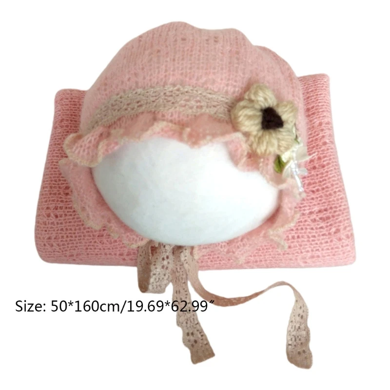 

2021 New Newborn Knit Stretch Wrap+Hat Set Crochet Blanket Bonnet Baby Photography Props