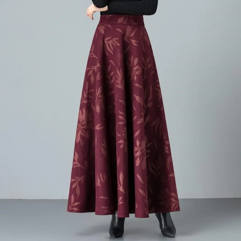 

Elegant Spring Winter Printing Woolen Skirts Womens Jupe Femme Vintage Warm High Waist Wool Skirt Mom Casual Maxi Long Skirt