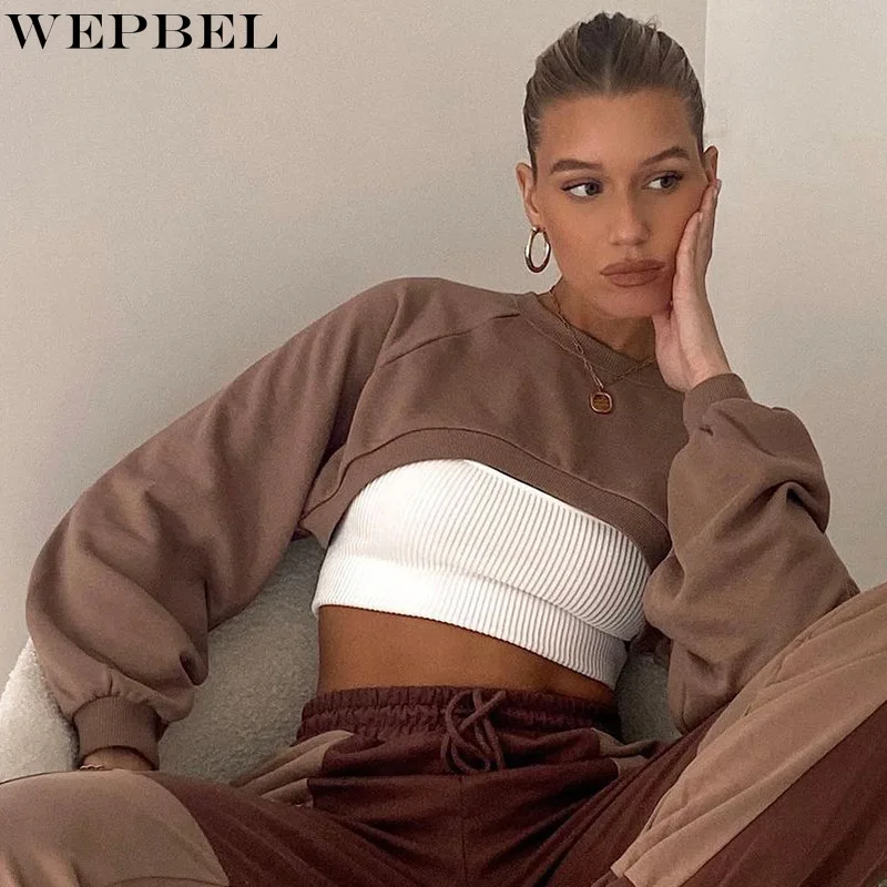 

WEPBEL Women's Sexy Crop Sweatshirt Short Hoodies Ladies Fashion Long Sleeve O Neck Short Shirt Top