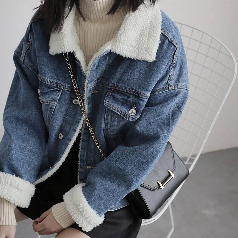 Женское джинсовое пальто из овечьей шерсти теплое с 4 карманами и длинными