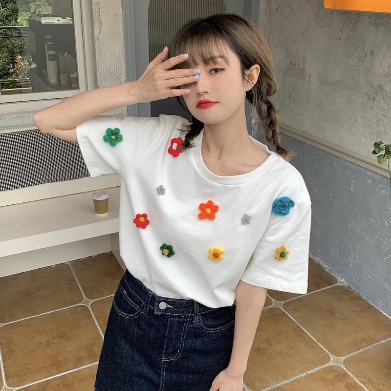 

White Flowers Top Summer 2021new Korean Style Versatile Loose round Neck Pullover Short Sleeve T-shirt for Female Students