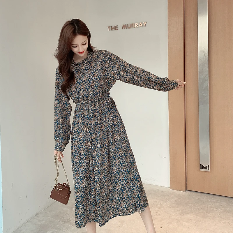

YAMDI midi dress women elegant 2020 spring summer party dresses korean plus size vintage long sleeve chiffon print floral new