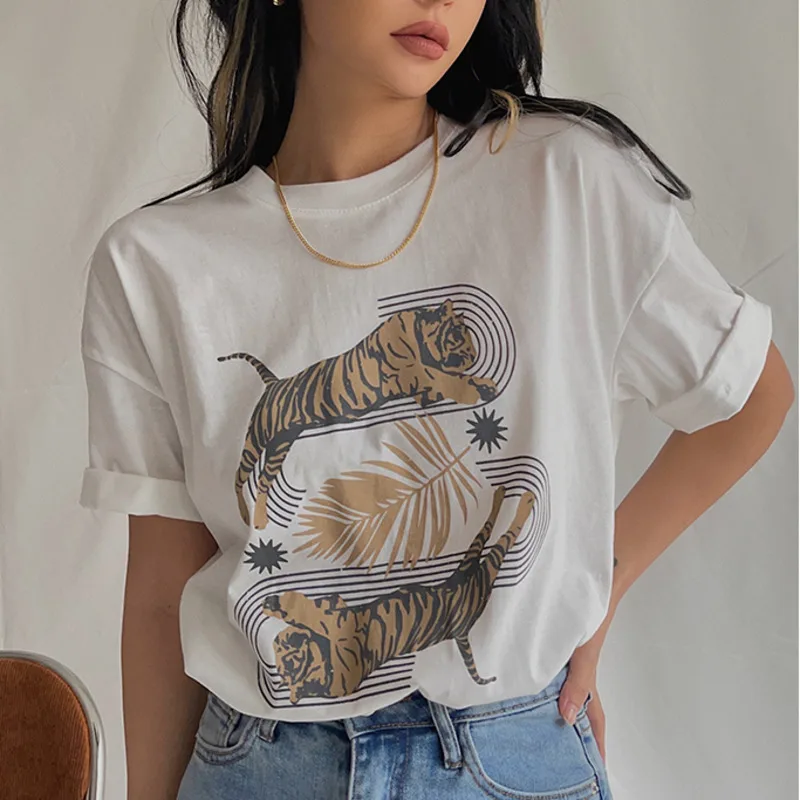 

Women Tigers Print Loose T-shirt With Roll Cuff A006
