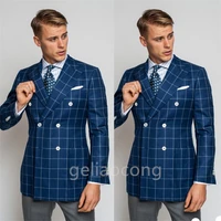 2022 new blue plaid men suits peak lapel two pieces formal prom blazers pants for male hot sale mens sim fit suits set