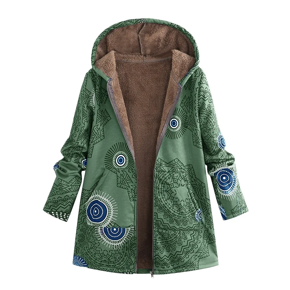 Green Женское повседневное зимнее пальто, куртка, теплая бархатная верхняя одежда, цветочный принт, с капюшоном, с карманами, в винтажном стиле, большие парки - Цвет: Green