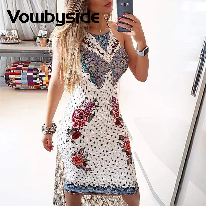 

Floral Print Halter Bodycon Cami Dress Women Sleeveless Summer Dress