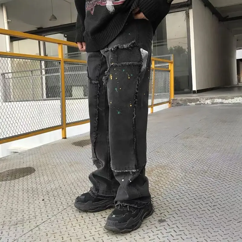 

High street Retro Black Jeans Fashion splash ink casual men's jeans