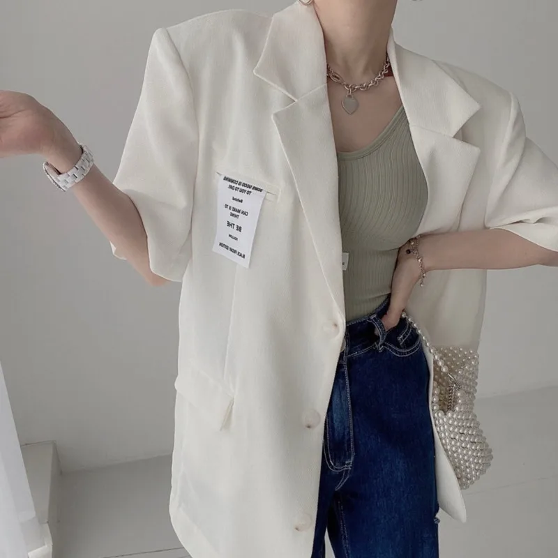 

SHENGPALAE Women Fashion Notched Letter Patchwork Blazer Loose Single Breasted Yellow Short Sleeve Suit Jacket 2021 5E2529