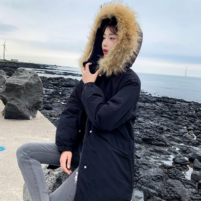 Winter New Down Dress Student's Long-style Large-collar Hat Korean Edition Loose And Thickened Bf Cotton-padded Coat | Женская