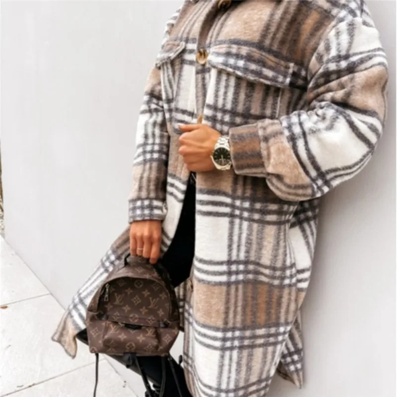 

Winter Checked Women Jacket Plaid Warm Turn Down Overcoat Oversize Long Thick Woolen Blends Coats Single-Breasted Streetwear