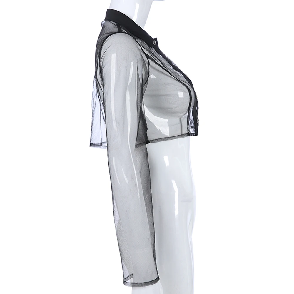 

Women Crop Top Mesh Sheer Long Sleeve Transparent Blouse Tops Summer See Through Sexy Shirt