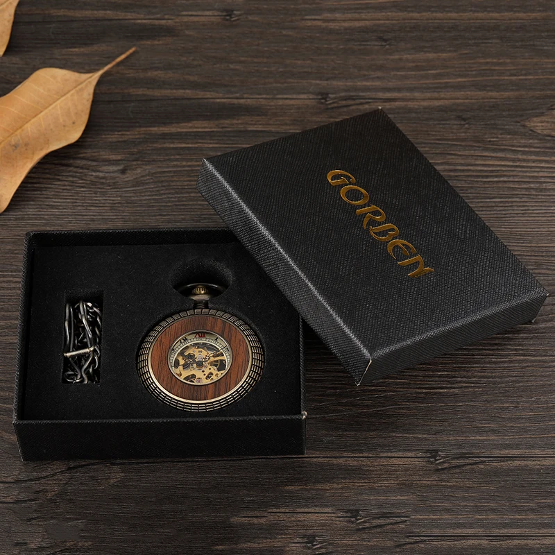High Quality Wood Mechanical Pocket Watch Antique Skeleton Dial Fob Chain Case Hanging Clock with Gift Box for Men Dropshipping